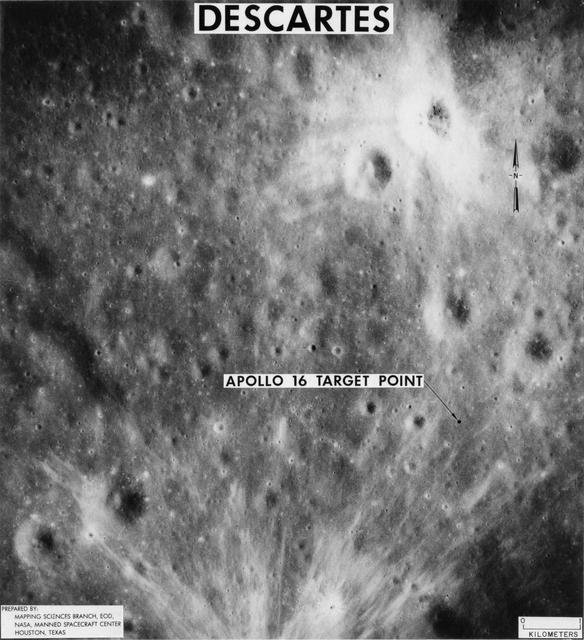 Vertical view of Apollo 16 landing site located Descartes area lunar nearside