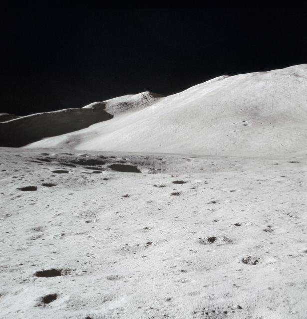 View of Hadley Delta from top hatch of Apollo 15 Lunar Module after landing
