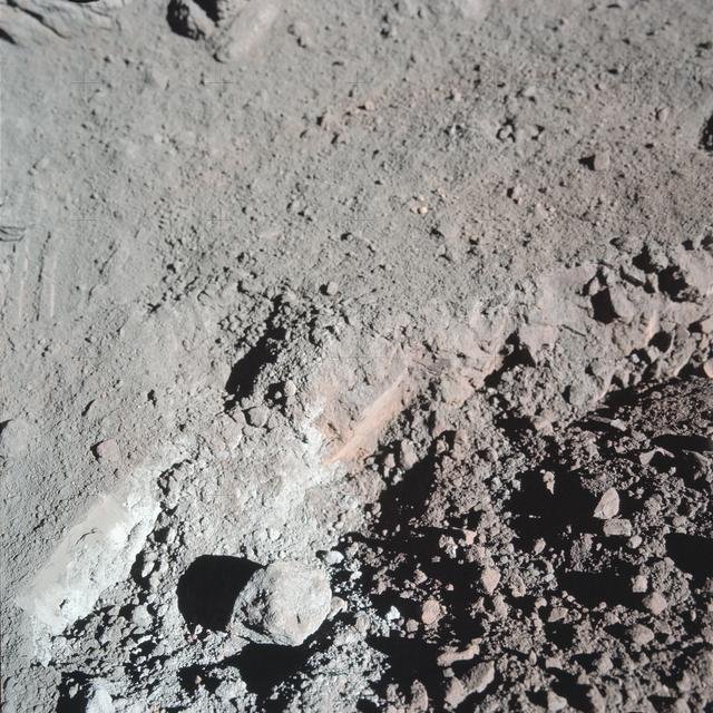 View of the orange soil which Apollo 17 crewmen found at Station 4 during EVA