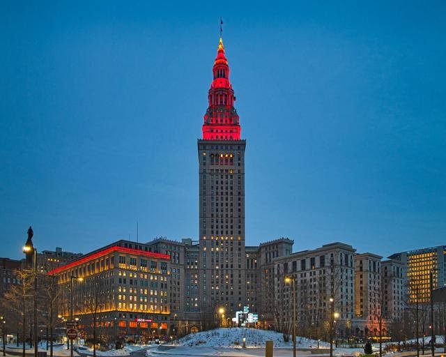 Terminal Tower illuminated in red to commemorate the Mars Landing of Perseverance Rover