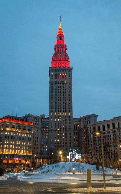 Terminal Tower illuminated in red to commemorate the Mars Landing of Perseverance Rover