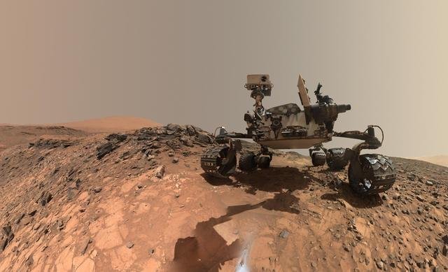 Looking Up at Mars Rover Curiosity in Buckskin Selfie