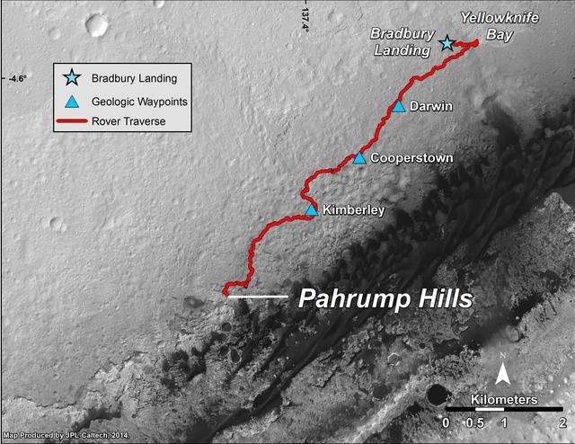 Curiosity Mars Rover Route from Landing to Pahrump Hills