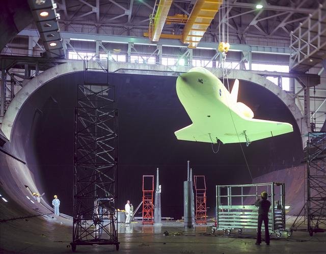 Installation of 1/3 scale model of Space Shuttle Orbiter into 40x80 Foot Wind Tunnel.