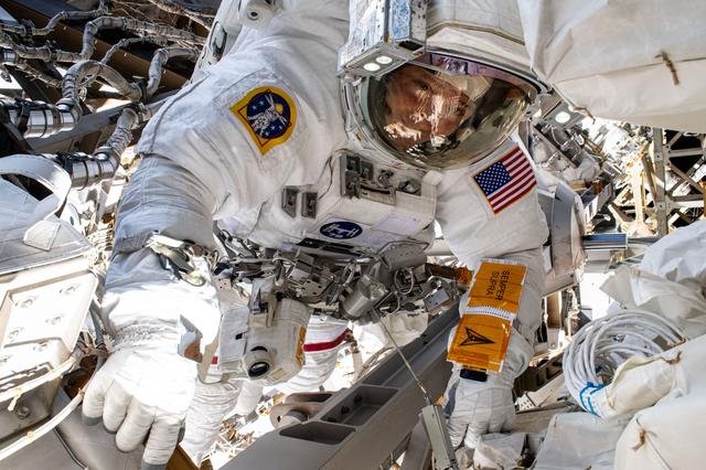 Astronaut Nick Hague is pictured during a six-hour spacewalk